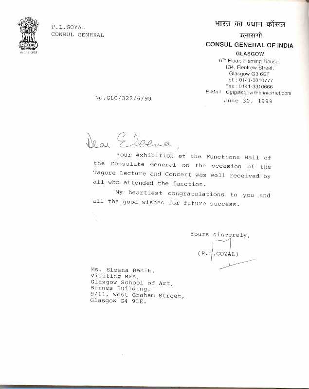 Letter Of The Consul General Of India GLASSGOW